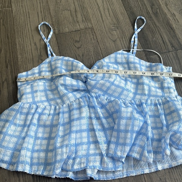 English Factory | Sleeveless Sequin Twist Front Plaid Flounce Tank - Picture 7 of 13